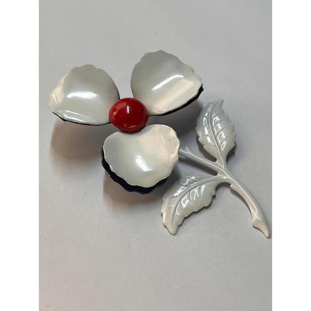 Vintage 60s Patriotic Floral‎ Red White Blue Enameled Pin 3.75